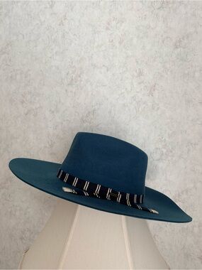 Brixton Teal Wide-Brim Fedora with Striped Band